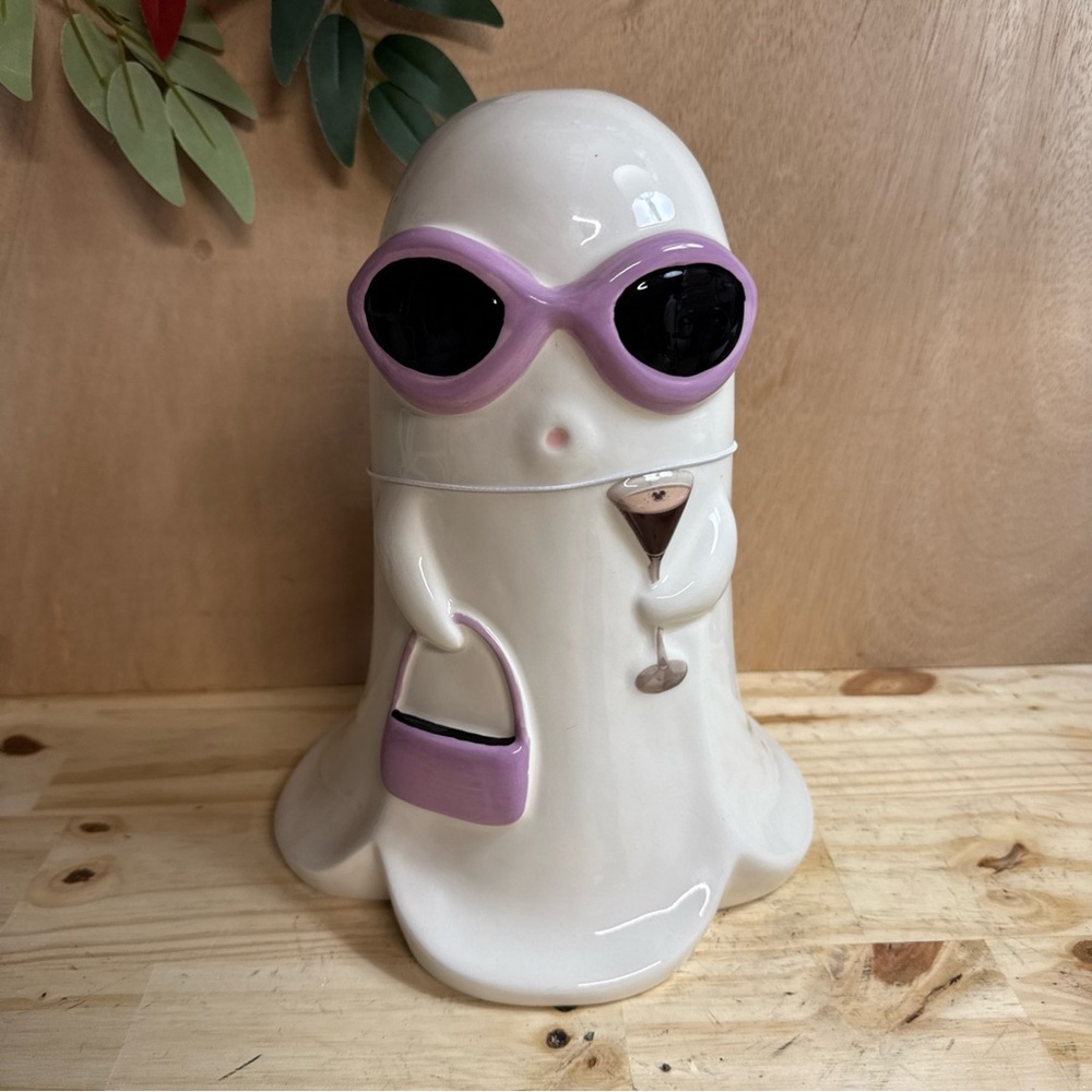 NEW Halloween Ceramic Ghost Girl With Purse & Martini w Glasses 10”